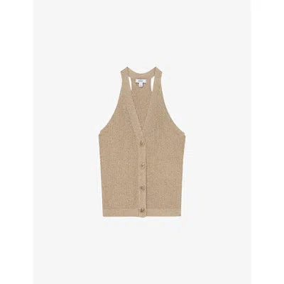 Reiss Womens Gold Liliana Metallic Rib-knit Waistcoat In Brown