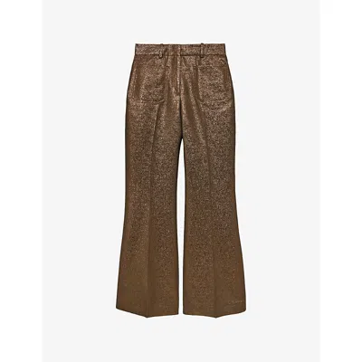 Reiss Womens Gold Sienna Flare Metallic Woven Trousers