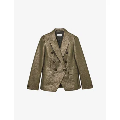 Reiss Womens Gold Sienna Metallic Double-breasted Cotton-blend Blazer