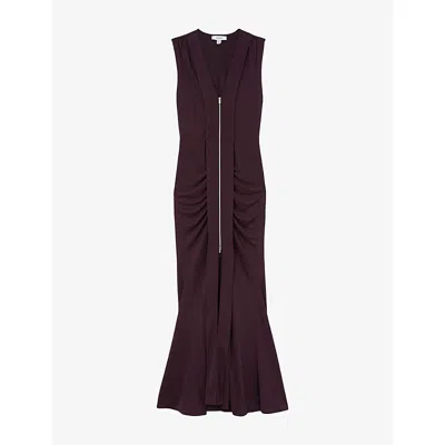 Reiss Womens Grape Burgundy Scarlett Zip-front Crepe-jersey Maxi Dress In Animal Print