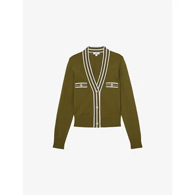 Reiss Womens Green Ivory Danni Tipped Button-through Knitted Cardigan