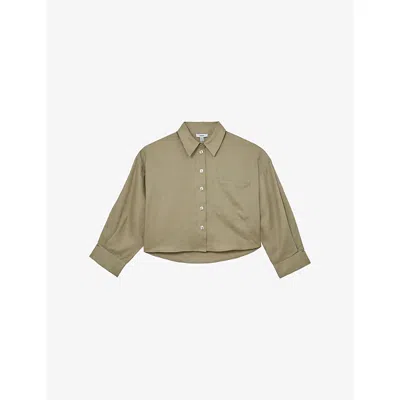 Reiss Womens Green Solena Cropped Linen Shirt