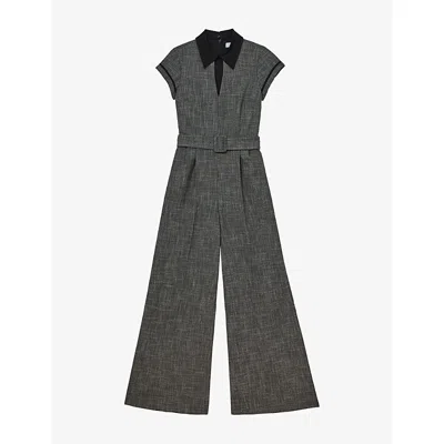 Reiss Womens Grey Bella Collared Wide-leg Belted Woven Jumpsuit In Gray