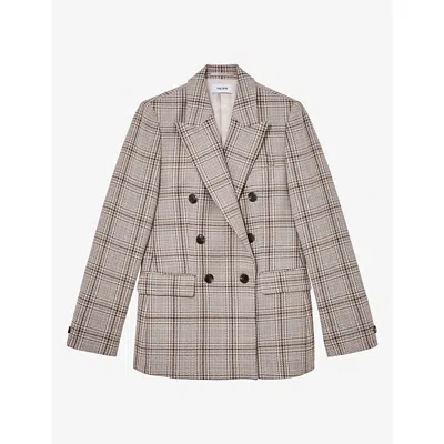 Reiss Womens Grey Check Bella Checked Double-breasted Wool-blend Blazer In Gray
