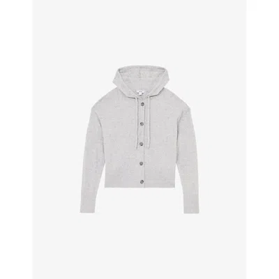 REISS WOMENS GREY EVIE BUTTON-UP WOOL AND CASHMERE-BLEND HOODY