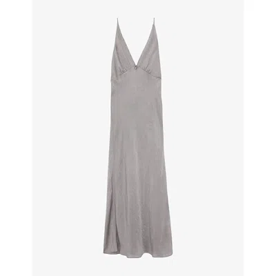 Reiss Womens Vesper V-neck Tie-back Crushed-satin Midi Dress Grey