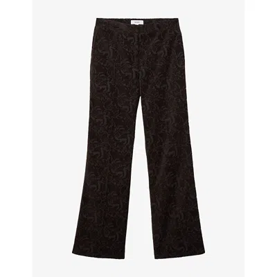 Reiss Womens Ida Flocked Flared-leg Velvet Trousers Chocolate Brown In Black