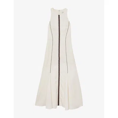 Reiss Womens Inaya Craft-stitch Linen-blend Midi Dress Ivory Black