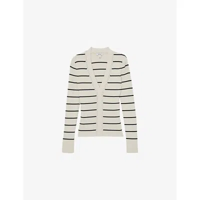 Reiss Womens Ivory Black Lauralee Stripe Ribbed Knitted Top In Neutral