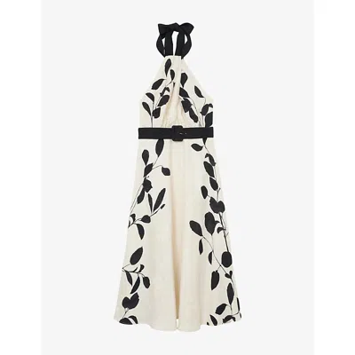 Reiss Womens Ivory Black Libby Leaf-print Woven Midi Dress In Neutral