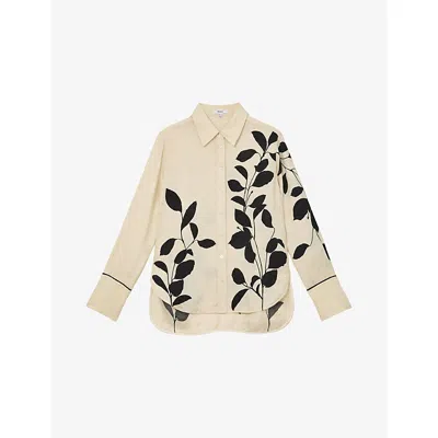 Reiss Womens Ivory Black Lyla Leaf-print Long-sleeve Woven Shirt In Neutral