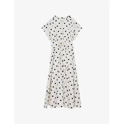 Reiss Womens Ivory Black Sawyer Polka-dot Belted Cotton Midi Dress In Multi