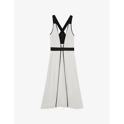 Reiss Womens Ivory Black Valencia Contrast-binding Linen-blend Midi Dress