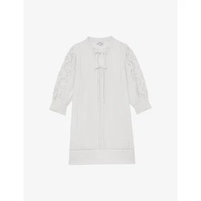 Reiss Womens Ivory Gia Cheesecloth Tie-neck Cotton Mini Dress In White