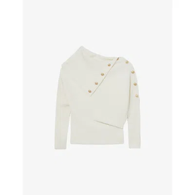 Reiss Womens Ivory Lexi Shawl-collar Button-embellished Stretch-knit Jumper In White