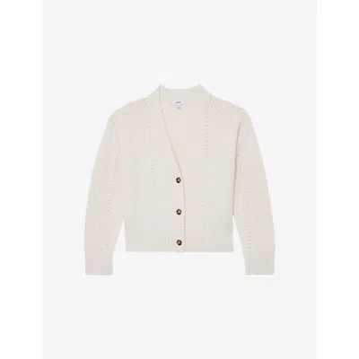 Reiss Womens Ivory Lottie Chevron-stitch Wool And Cashmere Cardigan Xs In Neutral