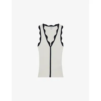 Reiss Womens Ivory Navy Freya Scalloped-trim Stretch-knit Vest In Gray
