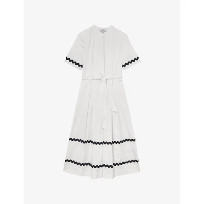 Reiss Womens Ivory Navy Isabelle Wave-trim Stretch-cotton Midi Dress In White