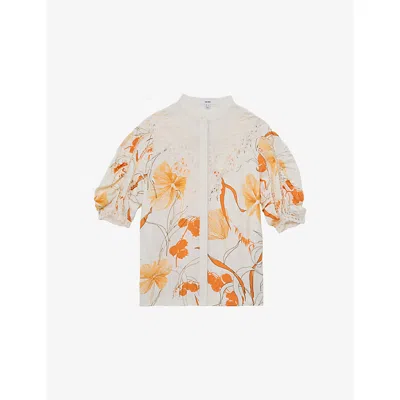 Reiss Womens Ivory Pink Louisa Floral-print Lace-trim Woven Shirt In White
