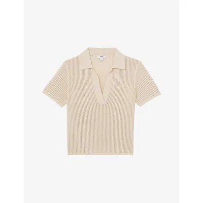 Reiss Womens Ivory Pippa Open-stitch Woven Polo Shirt In White