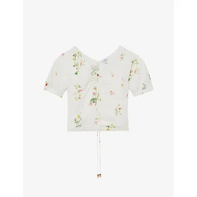 Reiss Womens Ivory Quinny Floral-print Linen-blend Top In White