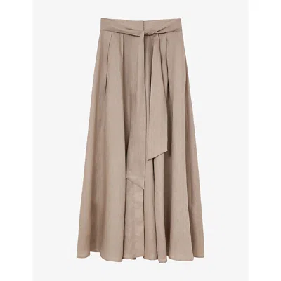 Reiss Womens Jackie Pleated Belted-waist Linen Maxi Skirt Taupe Brown