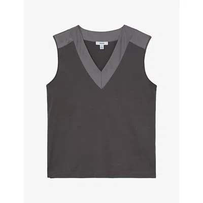 Reiss Womens Kallie Contrast-trim Silk-blend Top Grape Burgundy Xs In Brown