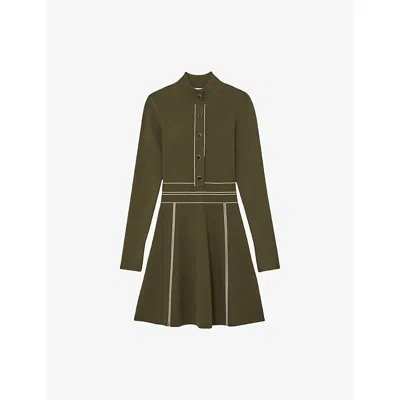 Reiss Womens Khaki Green Alex Contrast-stitch Stretch-knit Mini Dress Xl