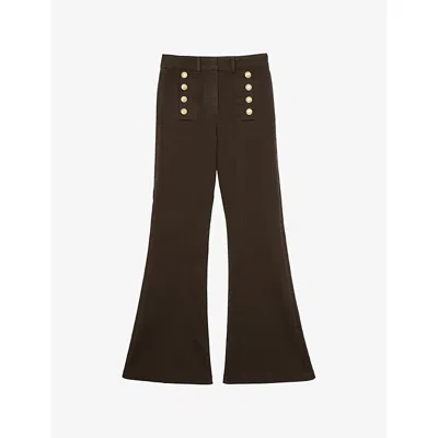 Reiss Womens Khaki Green Athena Button-detail Flared Stretch-denim Jeans