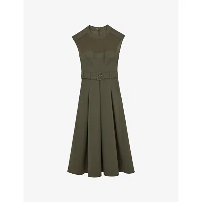 Reiss Womens  Ava Belted-waist Stretch-woven Midi Dress In Green