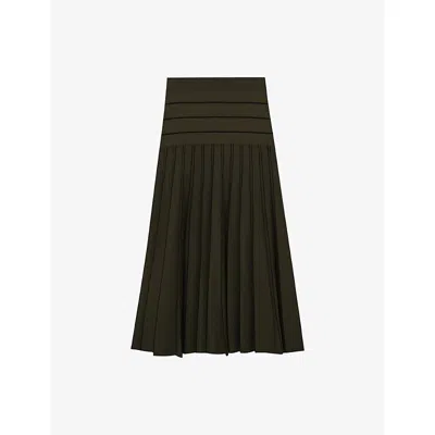 Reiss Womens Khaki Green Black Alice Stripe Pleated Knitted Midi Skirt