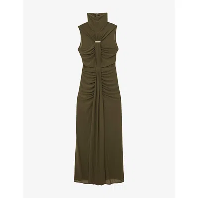Reiss Womens Khaki Green Colette Ruched Sleeveless Stretch-woven Maxi Dress