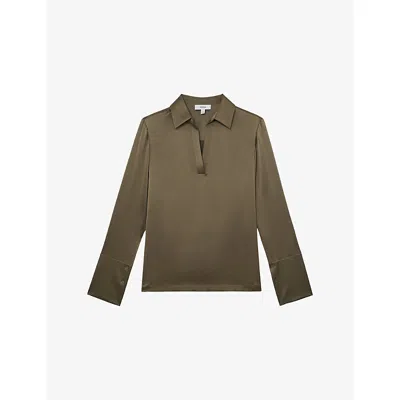 Reiss Womens Khaki Green Marina Open-collar Silk Blouse In Brown