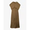 Reiss Khaki Satin Short-sleeve Midi Dress In Khaki