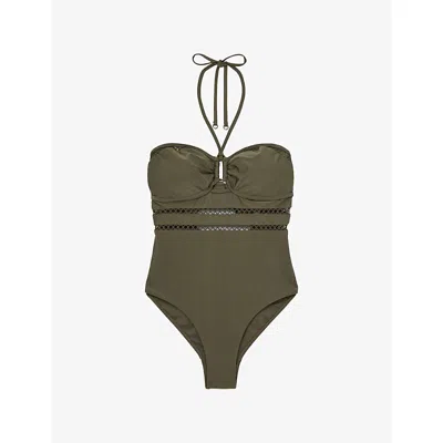 Reiss Womens Libby Shimmer Lattice-trim Stretch-nylon Bandeau Swimsuit Khaki Green