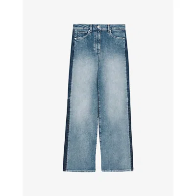 Reiss Womens Briar Wide-leg Contrast-panel Denim Jeans Light Blue