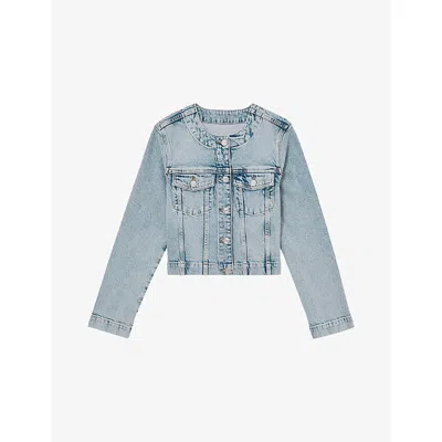 Reiss Womens Light Blue Medora Collarless Cropped Denim Jacket