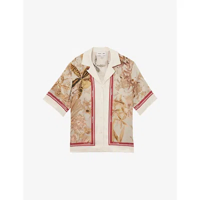 Reiss Womens  Nybg Santana Floral Stripe-print Satin Co-ord Top In Light Khaki
