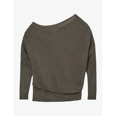 Reiss Womens Logan Drape-neck Metallic-knit Jumper Gunmetal Grey In Gray