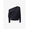 Reiss Womens Navy Lorna Draped-neck Asymmetric Stretch-knit Jumper