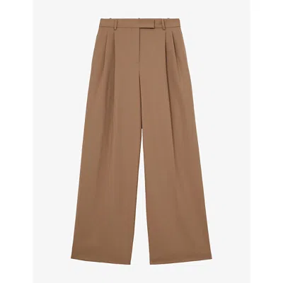 Reiss Womens Luna Pleated Wide-leg Wool-blend Trousers Camel In Brown
