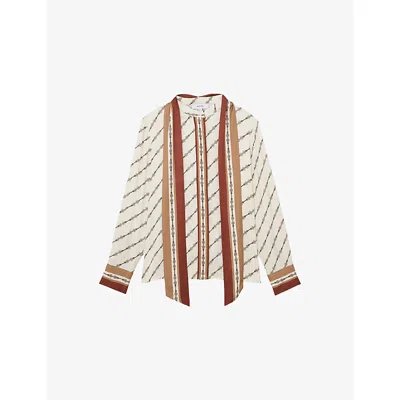 Reiss Womens Lydia Tie-neck Chain-print Woven Shirt Ivory