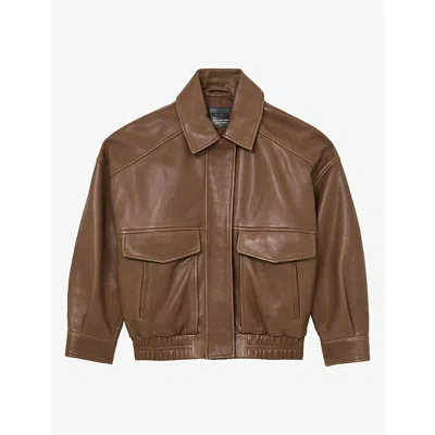 Reiss Womens Maeve Relaxed-fit Leather Jacket Neutral In Brown
