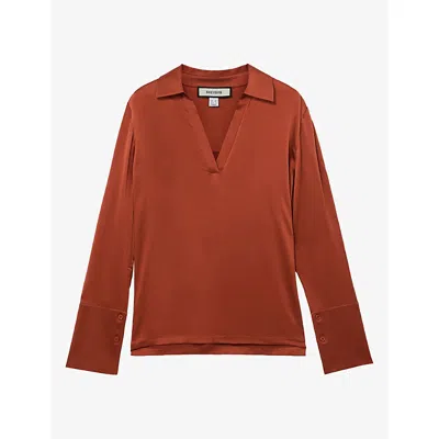 Reiss Womens Marina Open-collar Silk Blouse Rust Orange