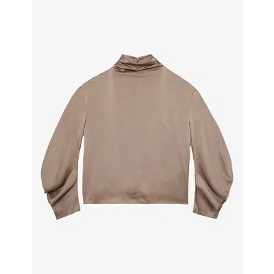 Reiss Womens Meena High-neck Long-sleeve Silk Shirt Neutral In Brown