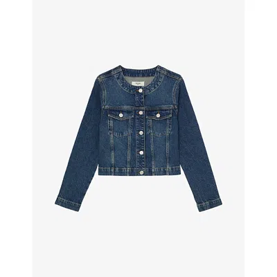 Reiss Womens Mid Blue Medora Round-neck Denim Jacket