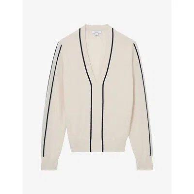 Reiss Womens Mila V-neck Knitted Jumper Ivory Navy