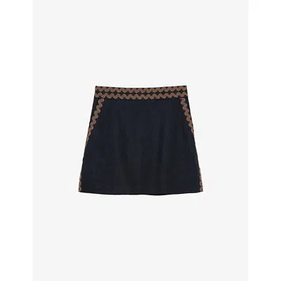 Reiss Womens Mila Wave-trim Linen Mini Skirt Navy Brown