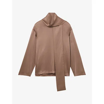 Reiss Womens Millie Tie-neck Silk Blouse Taupe Brown
