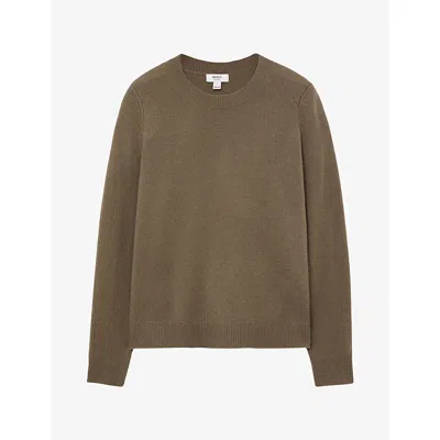 Reiss Womens Mimi Crewneck Cashmere Jumper Khaki Green Xs In Brown